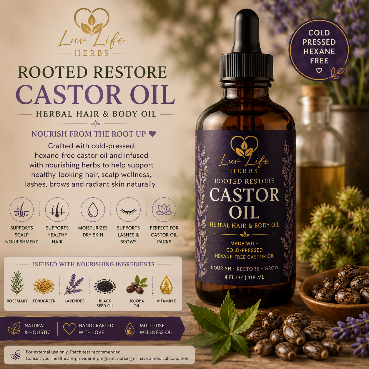 Rooted Restore Castor Oil | Herbal Hair & Body Oil