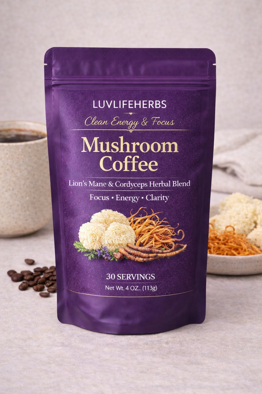 Mushroom Coffee for Focus & Energy | Lion’s Mane & Cordyceps Herbal Blend
